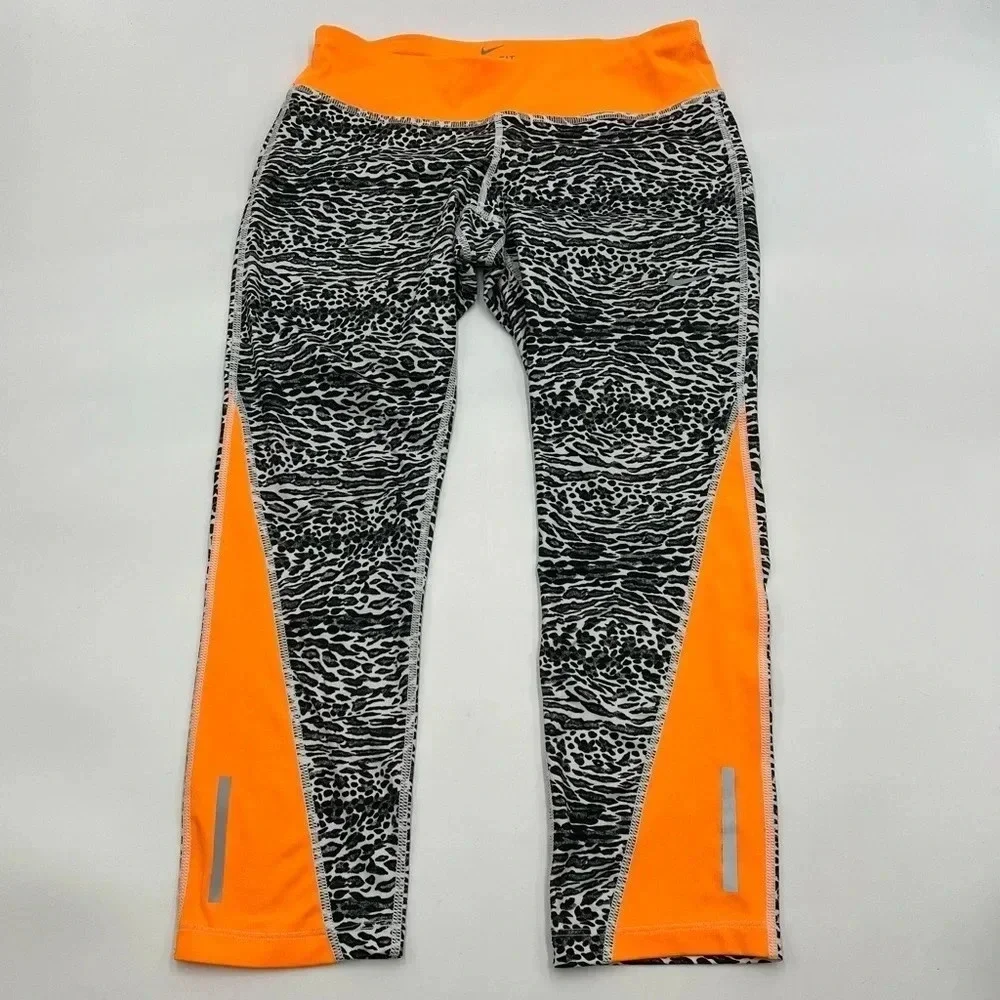 NIKE Women’s M Racer Leopard Print Running‎ Crop Leggings zipper pocket Dri-fit